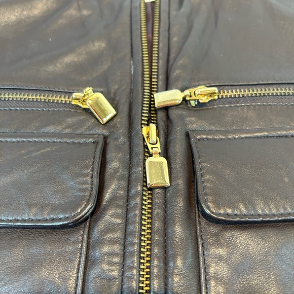 Preston & York Sz S Belted Brown Leather Biker Vest Jacket Gold hardware Zip - Picture 7 of 15